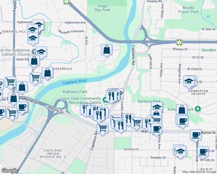 map of restaurants, bars, coffee shops, grocery stores, and more near 2035 Glenaire Drive in North Vancouver