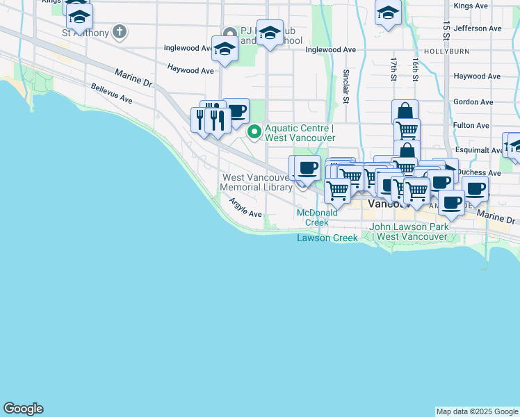 map of restaurants, bars, coffee shops, grocery stores, and more near in West Vancouver