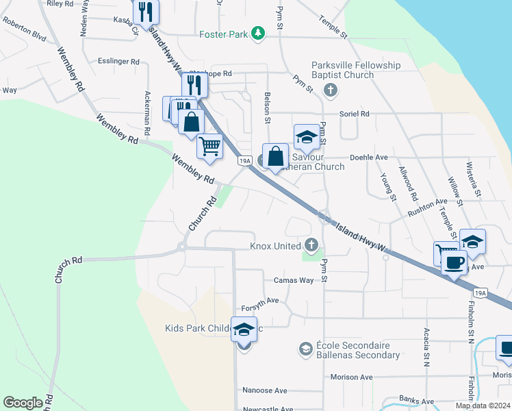 map of restaurants, bars, coffee shops, grocery stores, and more near 322 Rheumer Crescent in Parksville