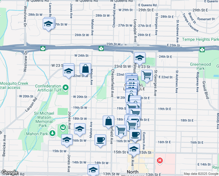 map of restaurants, bars, coffee shops, grocery stores, and more near 404 Chesterfield Avenue in North Vancouver