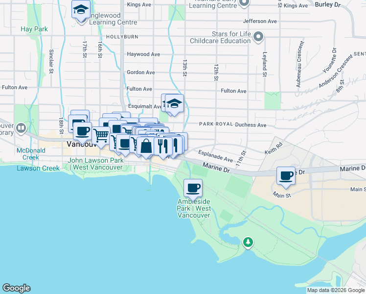 map of restaurants, bars, coffee shops, grocery stores, and more near 475 13th Street East in North Vancouver