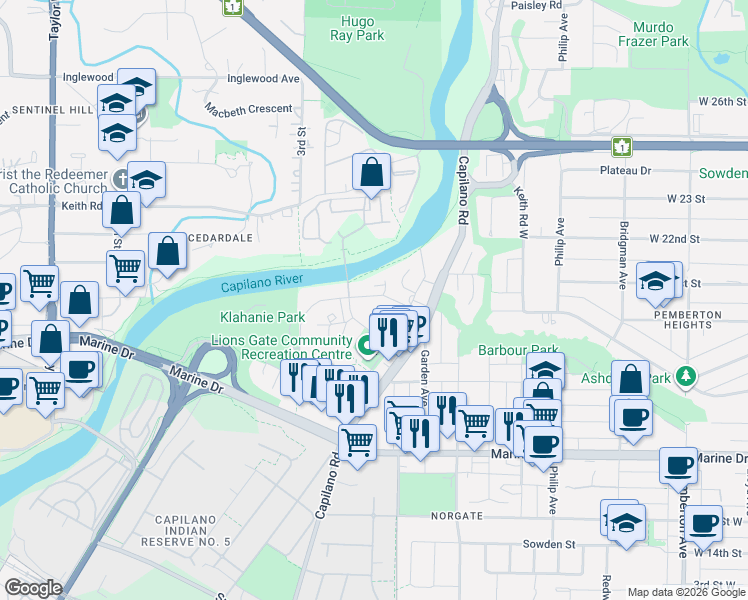 map of restaurants, bars, coffee shops, grocery stores, and more near 2016 Fullerton Avenue in North Vancouver