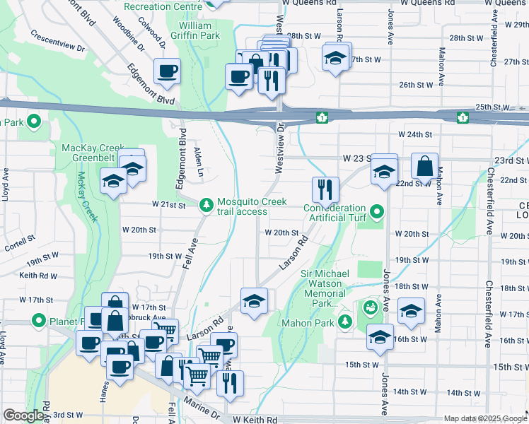 map of restaurants, bars, coffee shops, grocery stores, and more near 2052 Westview Drive in North Vancouver