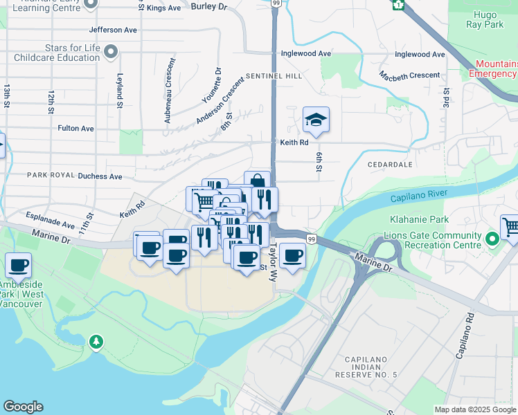map of restaurants, bars, coffee shops, grocery stores, and more near 725 Park Royal North in West Vancouver