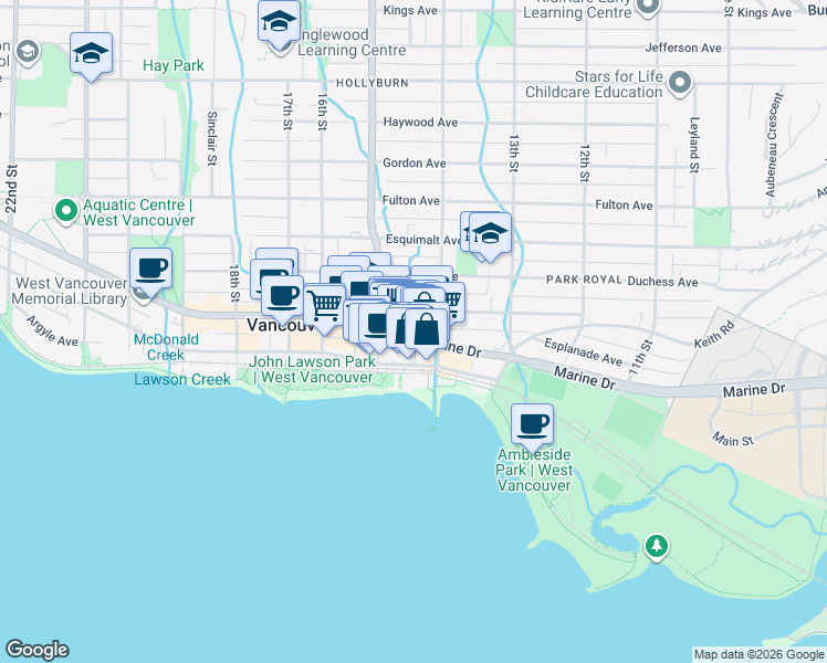 map of restaurants, bars, coffee shops, grocery stores, and more near 1480 Marine Drive in West Vancouver