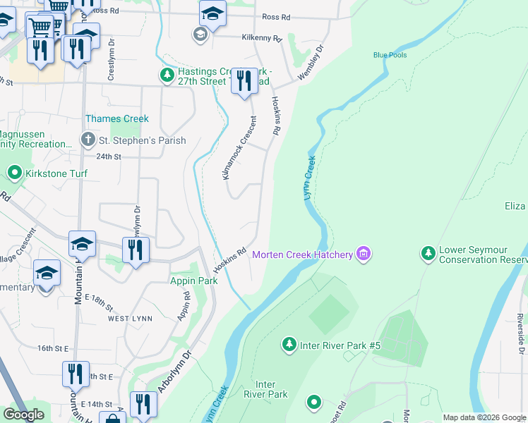 map of restaurants, bars, coffee shops, grocery stores, and more near 2174 Hoskins Road in North Vancouver