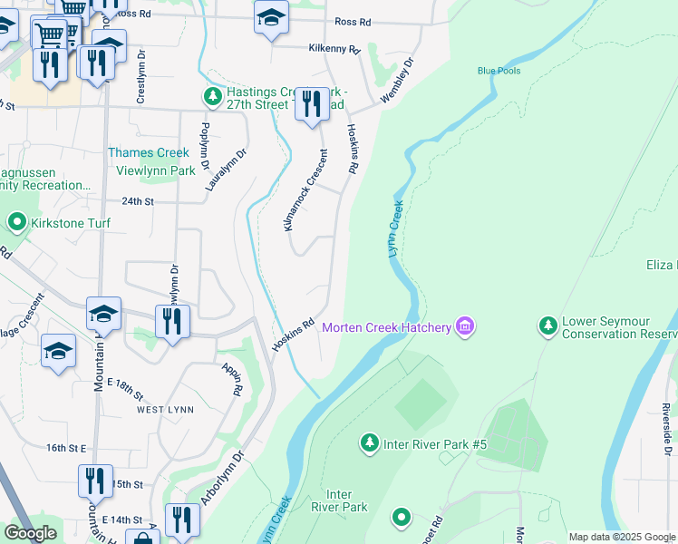 map of restaurants, bars, coffee shops, grocery stores, and more near 2174 Hoskins Road in North Vancouver