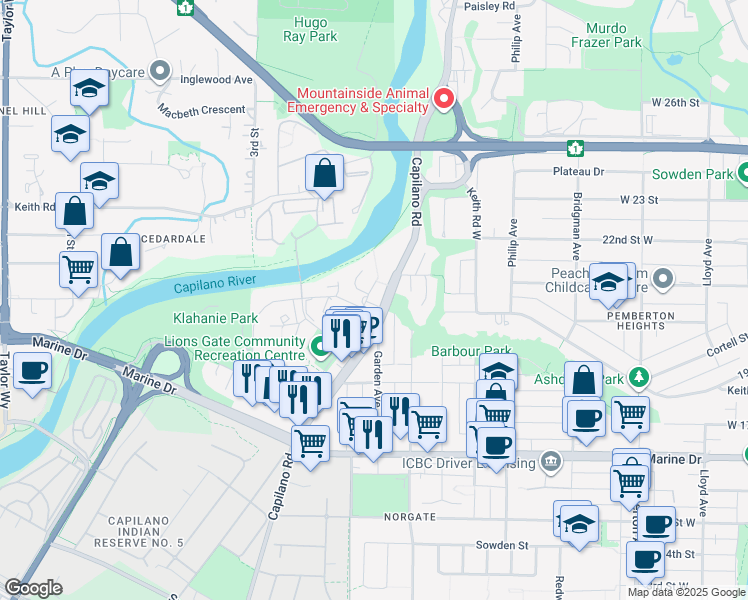 map of restaurants, bars, coffee shops, grocery stores, and more near 2010 Sandown Place in North Vancouver