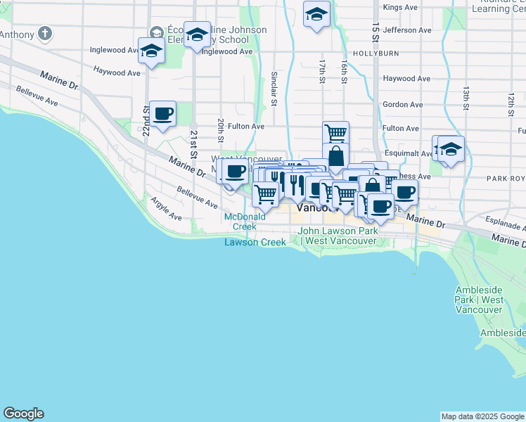 map of restaurants, bars, coffee shops, grocery stores, and more near 1896 Marine Drive in West Vancouver