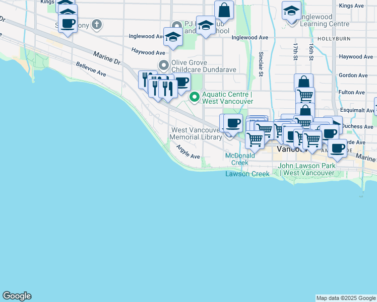 map of restaurants, bars, coffee shops, grocery stores, and more near 2135 Argyle Avenue in West Vancouver