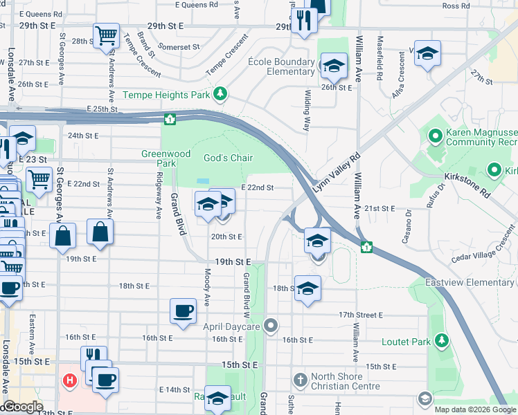map of restaurants, bars, coffee shops, grocery stores, and more near 628 21st Street East in North Vancouver