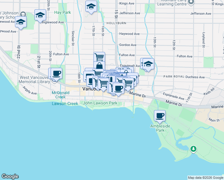 map of restaurants, bars, coffee shops, grocery stores, and more near 1532 Southeast Marine Drive in Vancouver