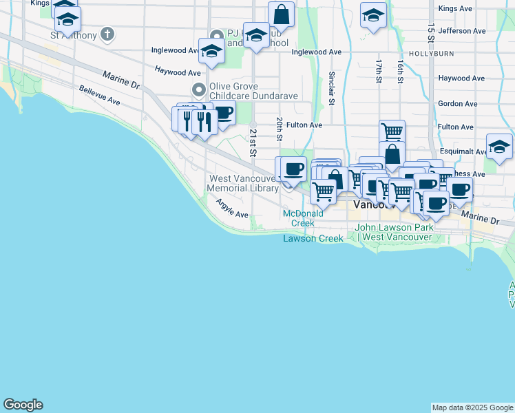 map of restaurants, bars, coffee shops, grocery stores, and more near in West Vancouver