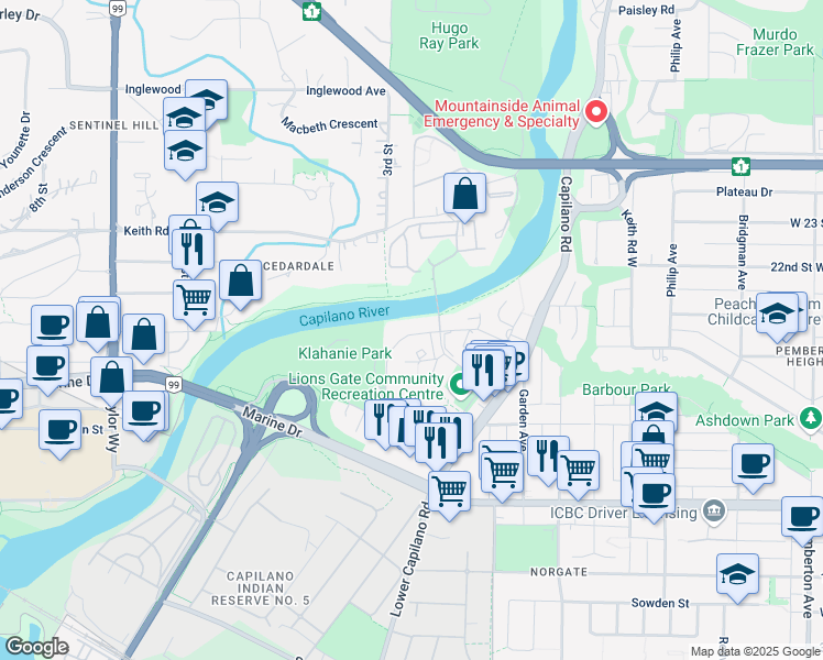 map of restaurants, bars, coffee shops, grocery stores, and more near 1960 Glenaire Drive in North Vancouver