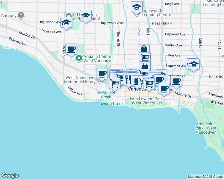 map of restaurants, bars, coffee shops, grocery stores, and more near 1896 Marine Drive in West Vancouver