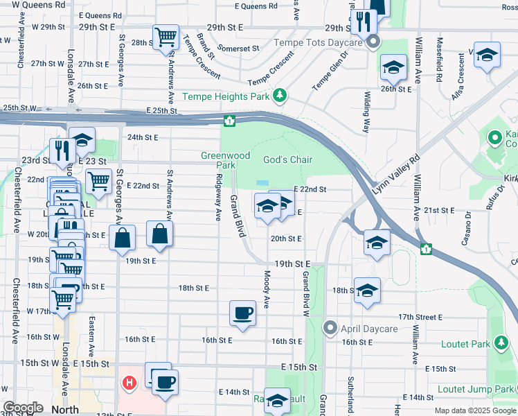 map of restaurants, bars, coffee shops, grocery stores, and more near 458 21st Street East in North Vancouver