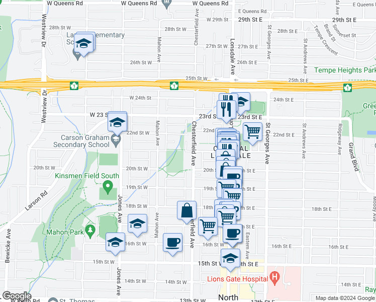 map of restaurants, bars, coffee shops, grocery stores, and more near 208 21st Street West in North Vancouver