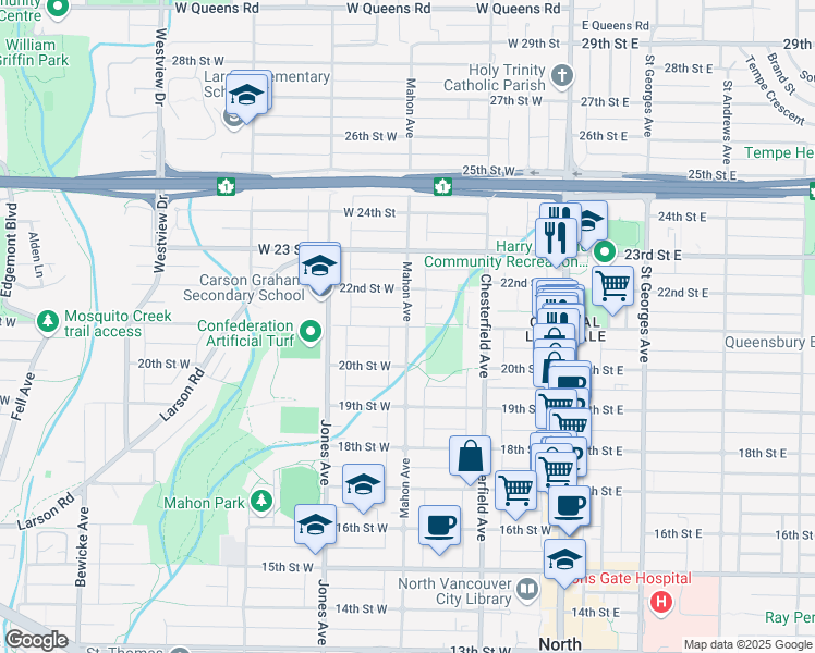 map of restaurants, bars, coffee shops, grocery stores, and more near Mahon Avenue in Metro Vancouver