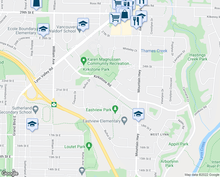 map of restaurants, bars, coffee shops, grocery stores, and more near 2135 Kirkstone Road in North Vancouver