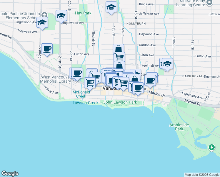 map of restaurants, bars, coffee shops, grocery stores, and more near 1716 Southeast Marine Drive in Vancouver