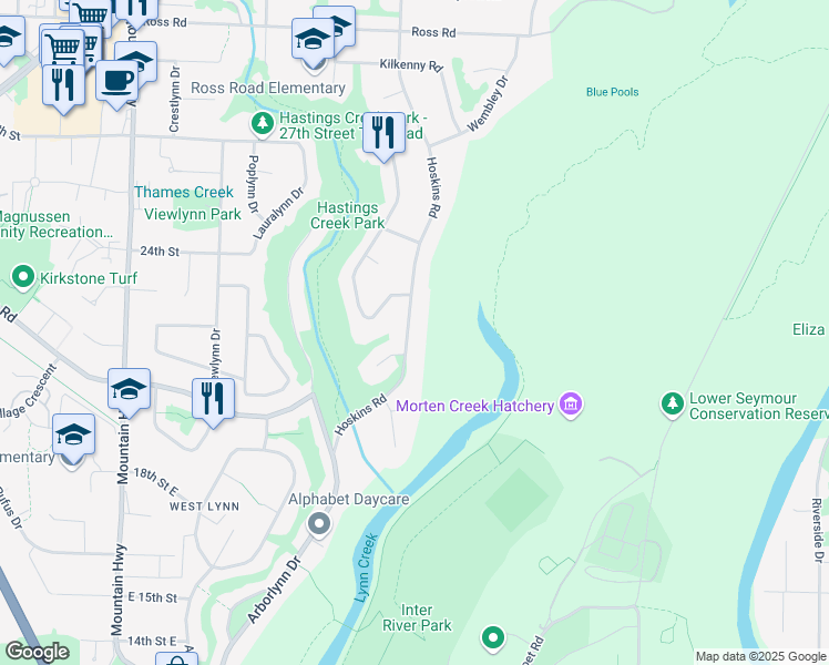 map of restaurants, bars, coffee shops, grocery stores, and more near 2192 Hoskins Road in North Vancouver