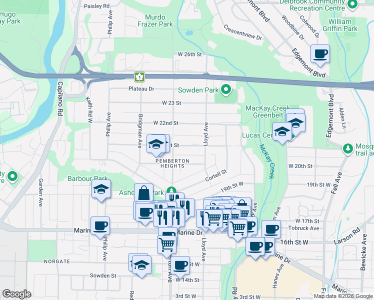map of restaurants, bars, coffee shops, grocery stores, and more near in Vancouver