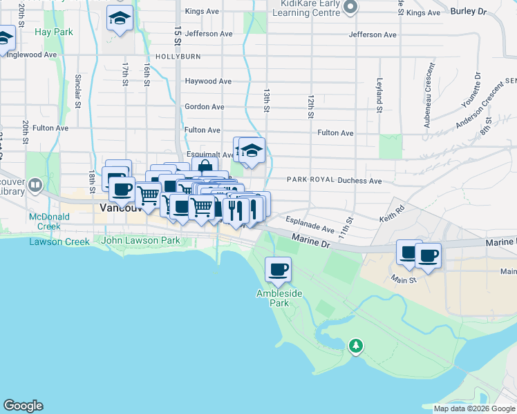 map of restaurants, bars, coffee shops, grocery stores, and more near 475 13th Street West in North Vancouver