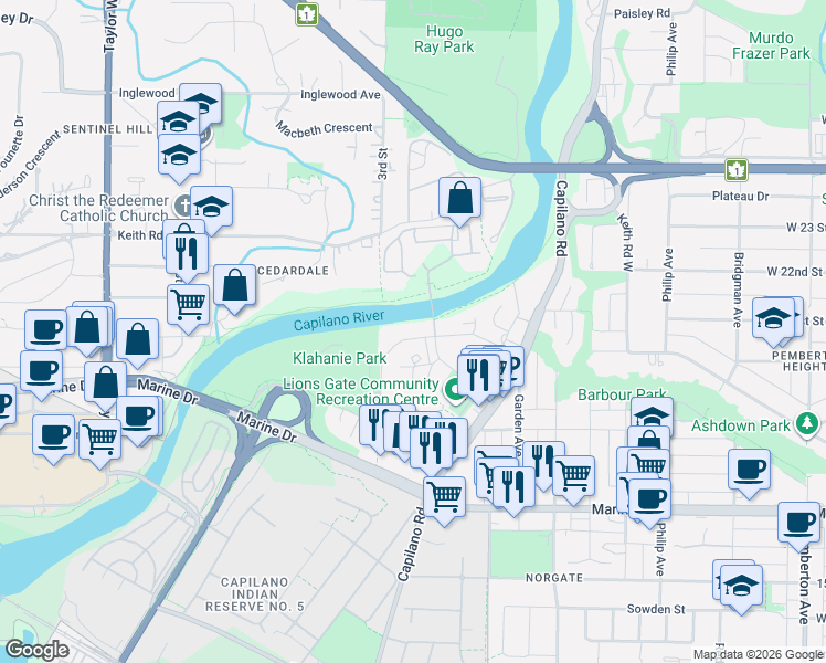 map of restaurants, bars, coffee shops, grocery stores, and more near 1960 Glenaire Drive in North Vancouver