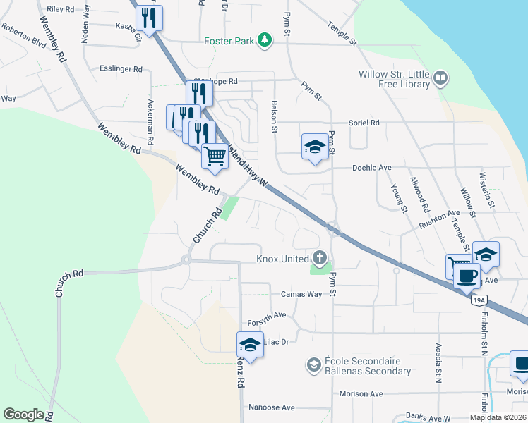 map of restaurants, bars, coffee shops, grocery stores, and more near 399 Wembley Road in Parksville