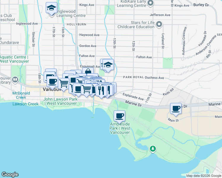 map of restaurants, bars, coffee shops, grocery stores, and more near 475 13th Street in West Vancouver