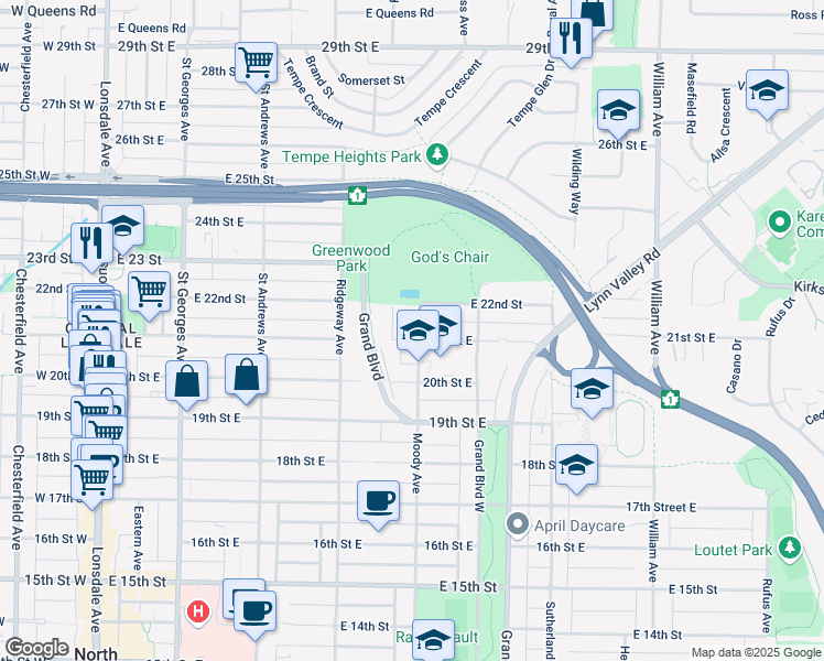 map of restaurants, bars, coffee shops, grocery stores, and more near 2111 Moody Avenue in North Vancouver