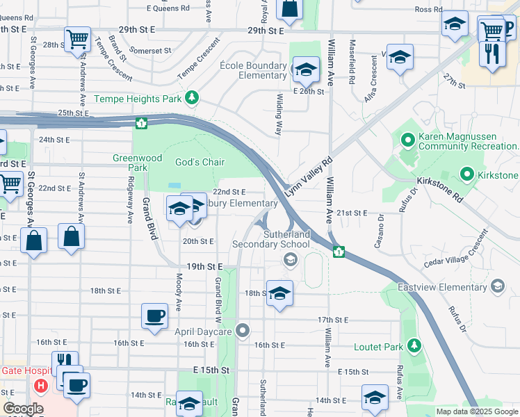 map of restaurants, bars, coffee shops, grocery stores, and more near 2125 Boulevard Crescent in North Vancouver
