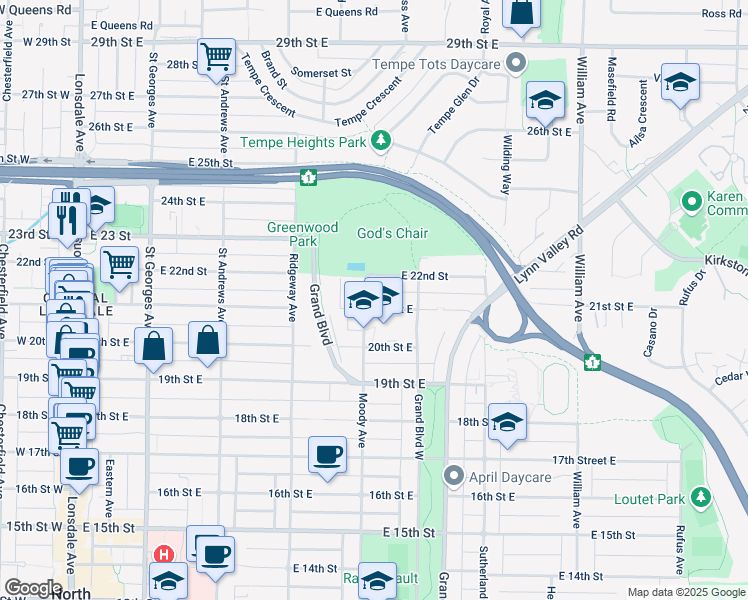 map of restaurants, bars, coffee shops, grocery stores, and more near 506 East 21st Avenue in Vancouver