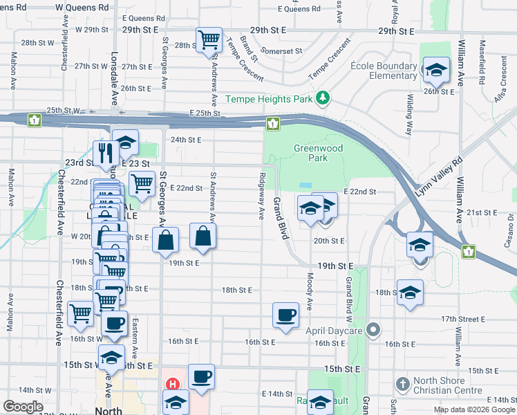 map of restaurants, bars, coffee shops, grocery stores, and more near 362 21st Street East in North Vancouver