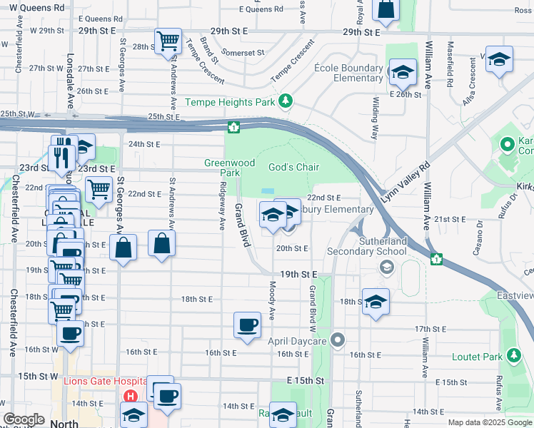 map of restaurants, bars, coffee shops, grocery stores, and more near 460 21st Street East in North Vancouver