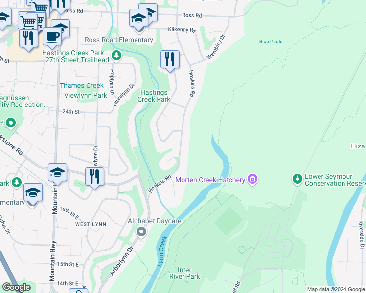 map of restaurants, bars, coffee shops, grocery stores, and more near 2192 Hoskins Road in North Vancouver