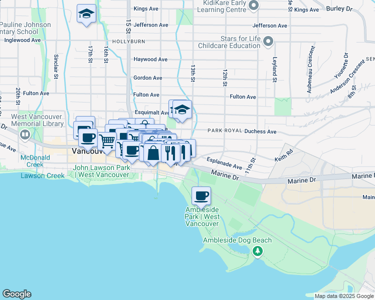 map of restaurants, bars, coffee shops, grocery stores, and more near 475 13th Street East in North Vancouver