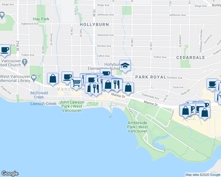 map of restaurants, bars, coffee shops, grocery stores, and more near 130-1425 Marine Drive in West Vancouver