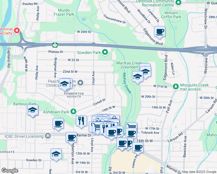 map of restaurants, bars, coffee shops, grocery stores, and more near 2060 Cortell Street in North Vancouver