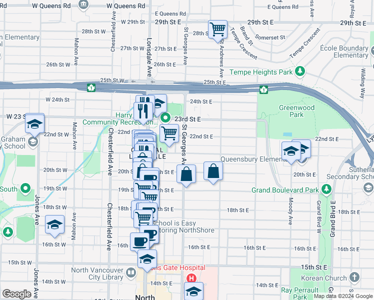 map of restaurants, bars, coffee shops, grocery stores, and more near 2100 Saint Georges Avenue in North Vancouver