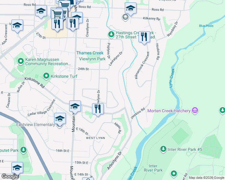 map of restaurants, bars, coffee shops, grocery stores, and more near 1588 Merlynn Crescent in North Vancouver