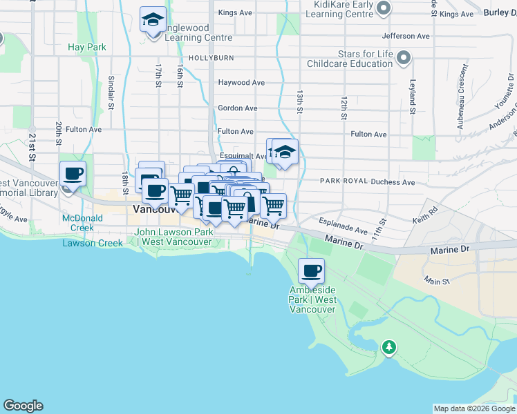 map of restaurants, bars, coffee shops, grocery stores, and more near 460 14th Street in West Vancouver