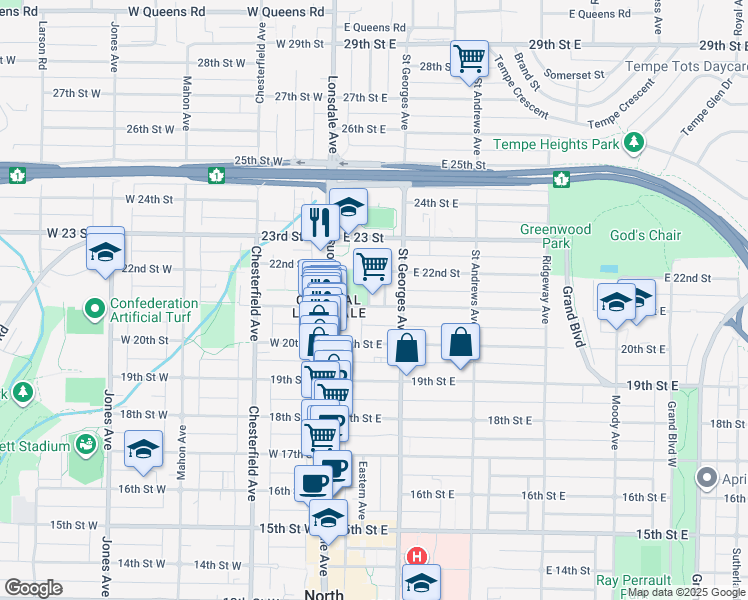 map of restaurants, bars, coffee shops, grocery stores, and more near 2118 Eastern Avenue in North Vancouver