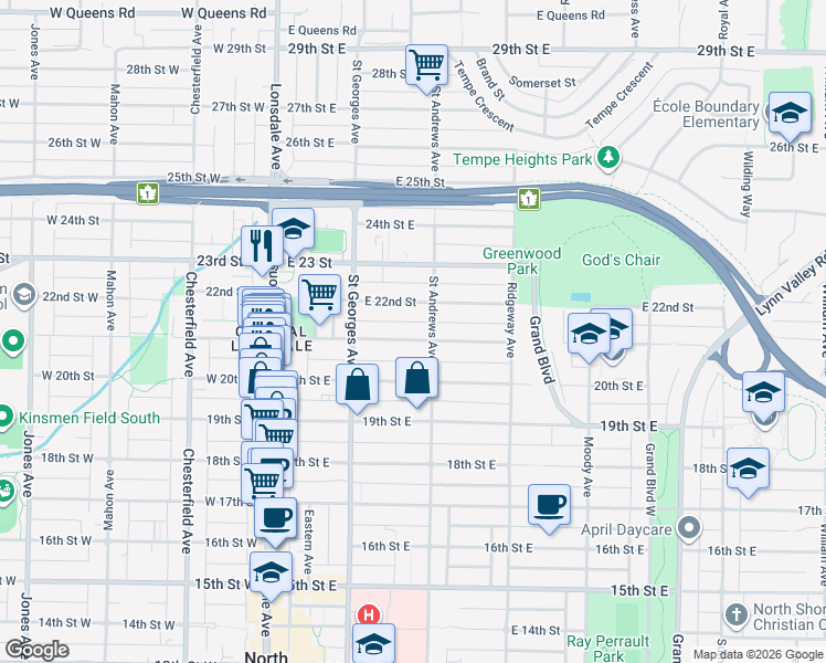 map of restaurants, bars, coffee shops, grocery stores, and more near 252 21st Street East in North Vancouver