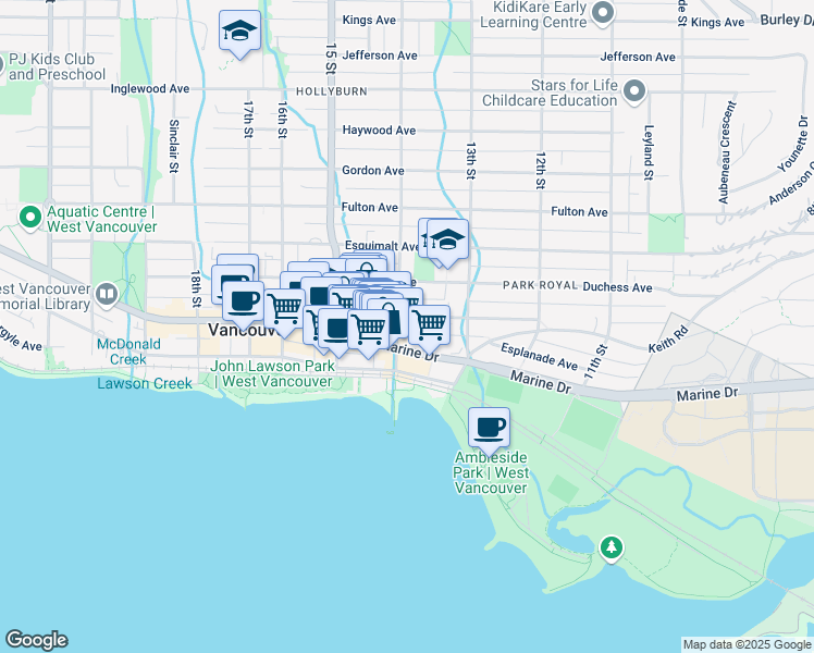 map of restaurants, bars, coffee shops, grocery stores, and more near 460 14th Street West in North Vancouver
