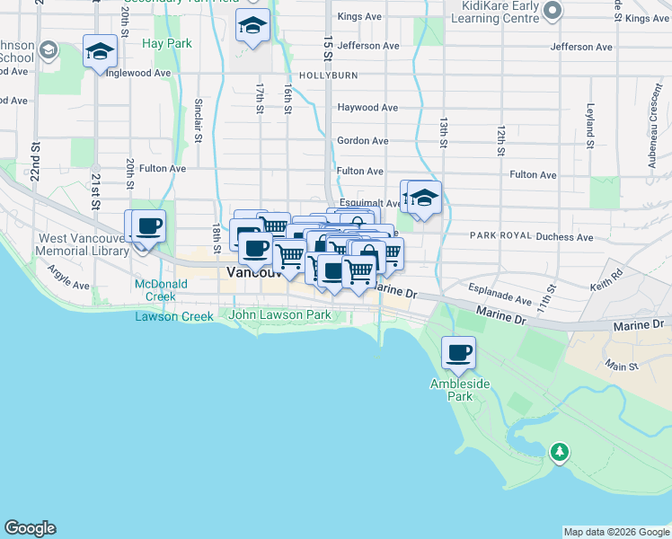 map of restaurants, bars, coffee shops, grocery stores, and more near 1499 Southeast Marine Drive in Vancouver