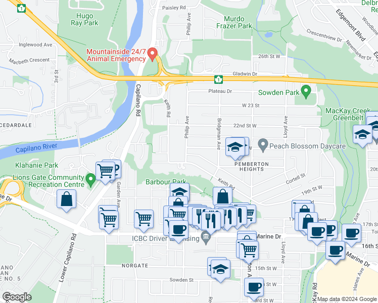map of restaurants, bars, coffee shops, grocery stores, and more near 1395 21st Street West in North Vancouver