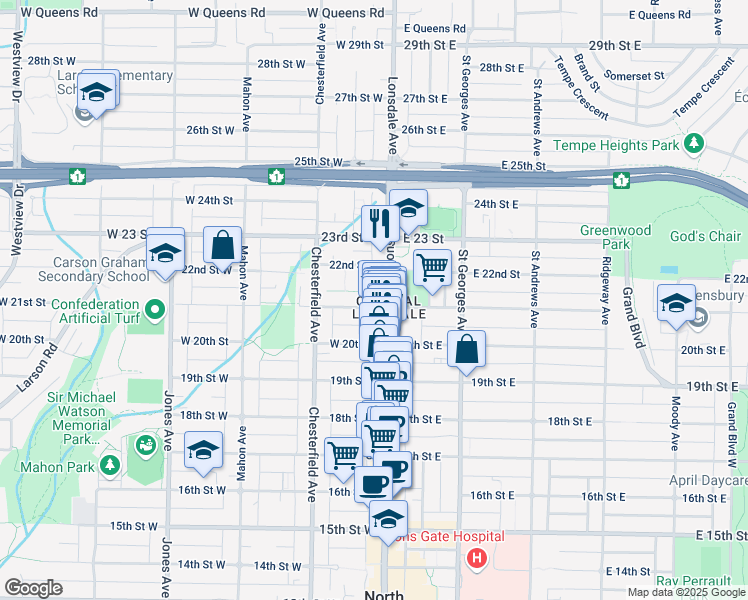 map of restaurants, bars, coffee shops, grocery stores, and more near 102 21st Street West in North Vancouver