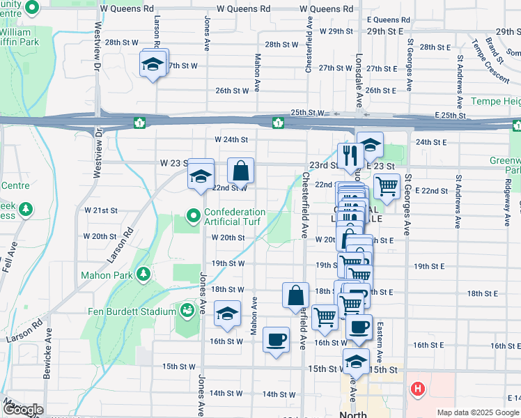 map of restaurants, bars, coffee shops, grocery stores, and more near 260 West 21st Street in North Vancouver