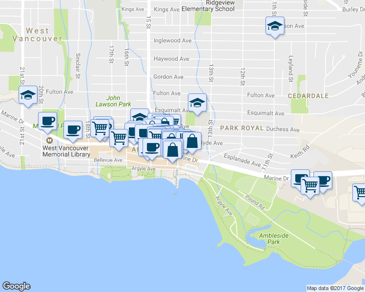 map of restaurants, bars, coffee shops, grocery stores, and more near in West Vancouver